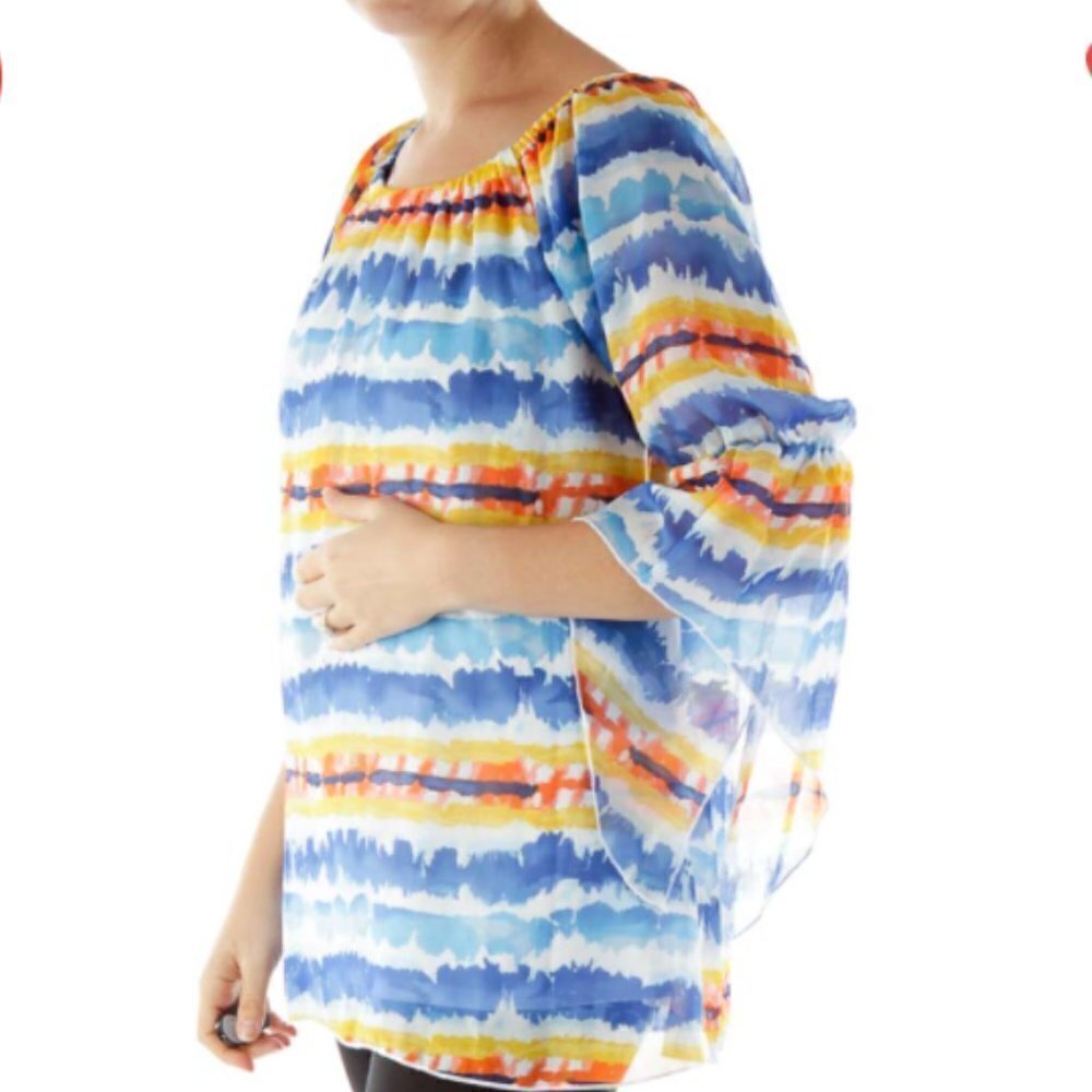 New Direction Blue White Off Shoulder Blouse - Picture 2 of 3
